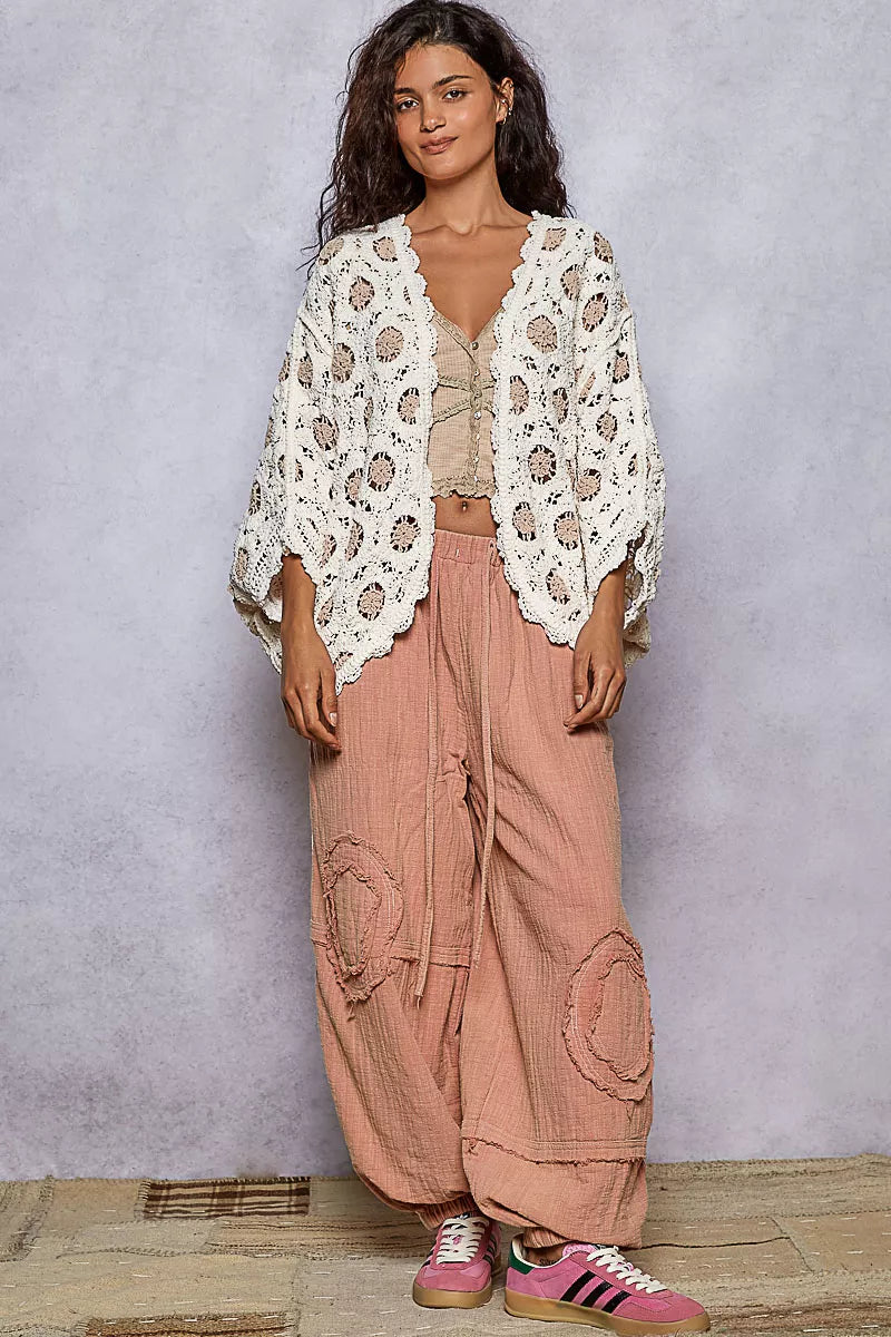 Chenille V-Neck Relaxed Fit Cardigan – Floral Batwing Design