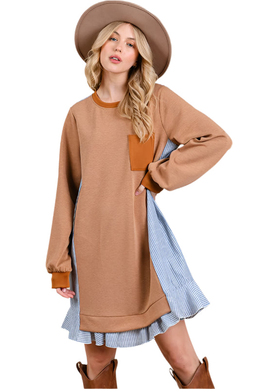 Ces Femme Striped Patchwork Round Neck Terry Sweatshirt Dress