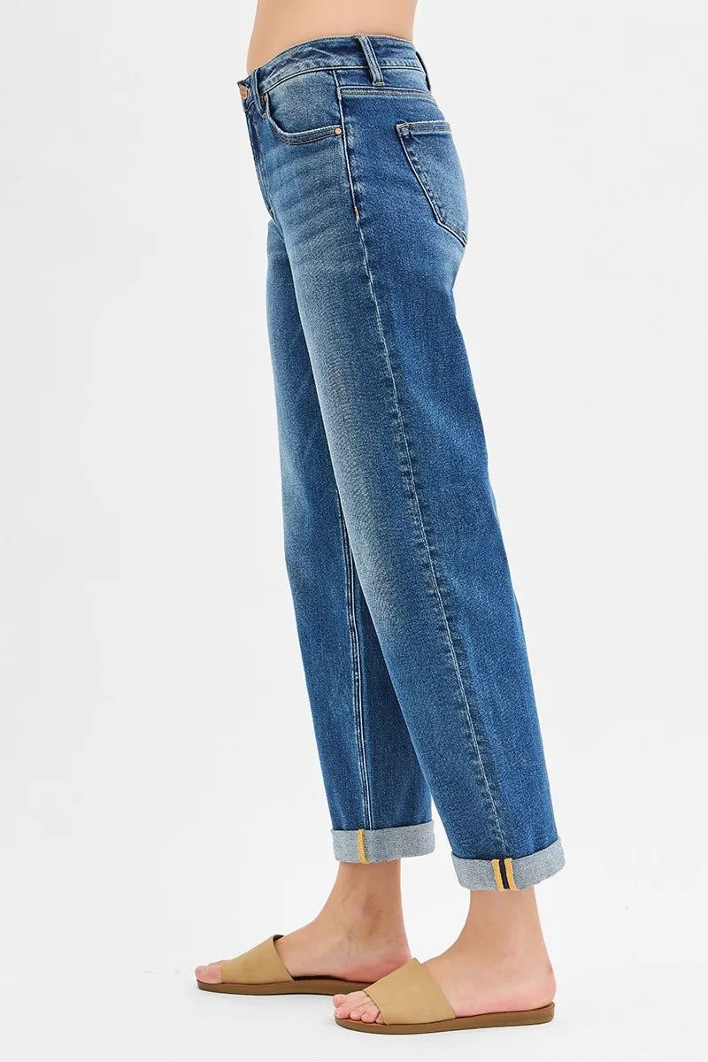 High-Waisted Straight Leg Jeans – Medium Wash Cuffed Denim