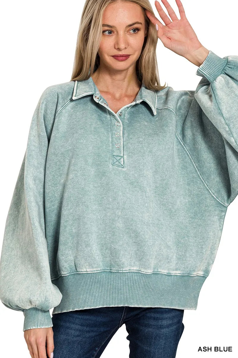 Acid Wash Fleece Collared Sweatshirt – Vintage Cozy Women’s Pullover