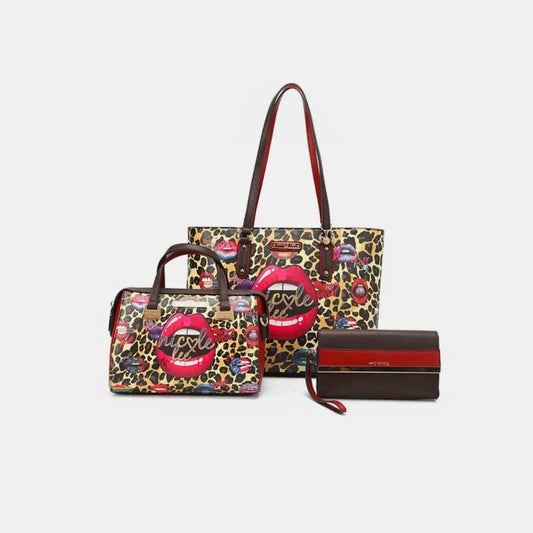 Nicole Lee Wild Lips 3‑Piece Bag Set – Stylish Shopper, Crossbody & Clutch