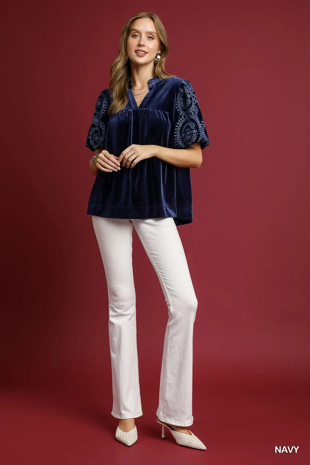 Navy Velvet Embroidered Sleeve Blouse Boho Chic Elegance