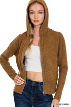 Camel Hooded Zip-Up Cardigan – Soft Knit Layer with Classic Style