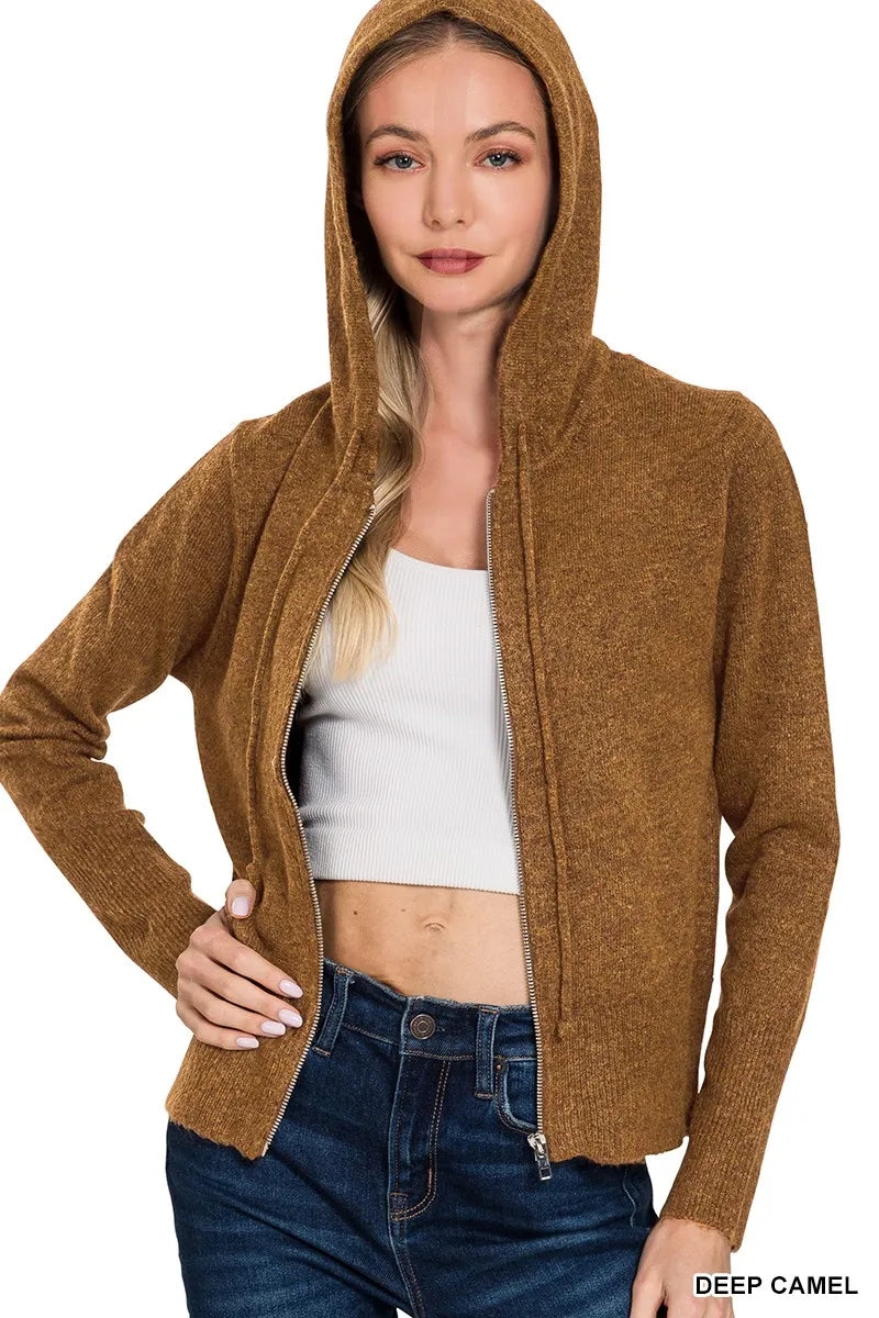 Camel Hooded Zip-Up Cardigan – Soft Knit Layer with Classic Style