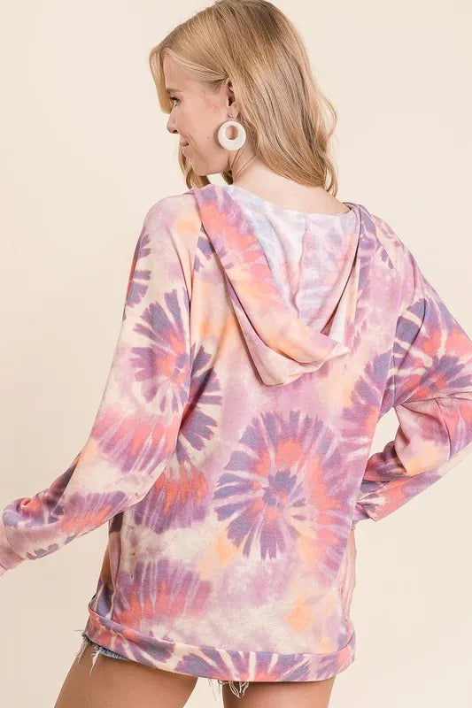 BiBi Circular Tie Dye Terry Hoodie with Kangaroo Pocket – Cozy & Trendy