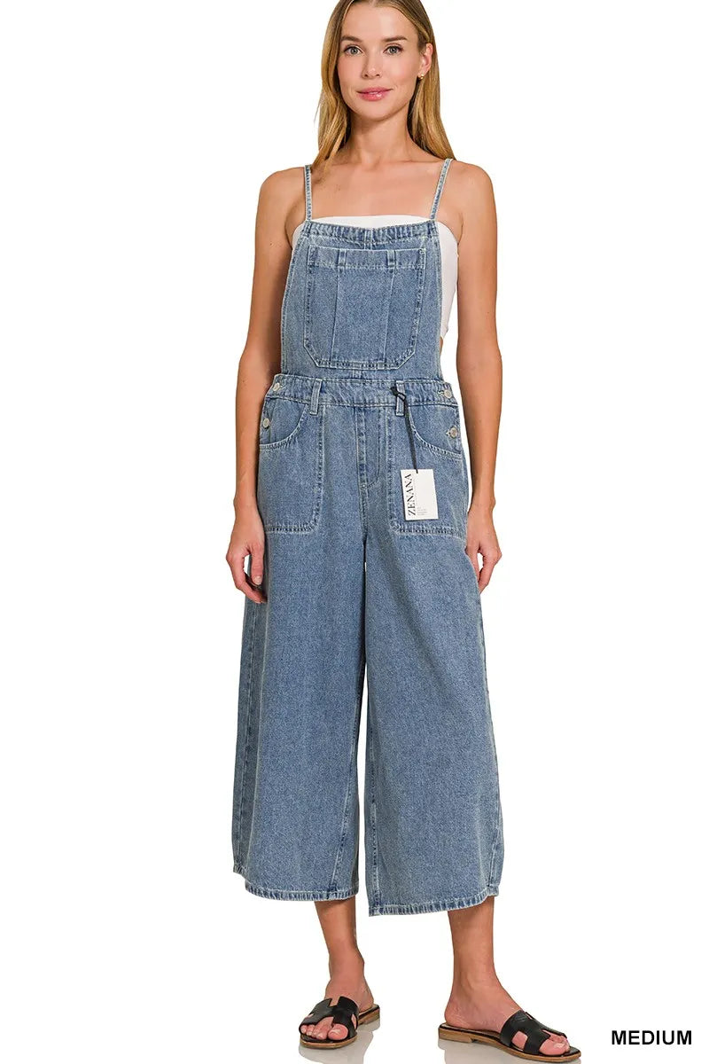 Medium Washed Wide Leg Denim Overalls | Women’s Retro Casual Jeans