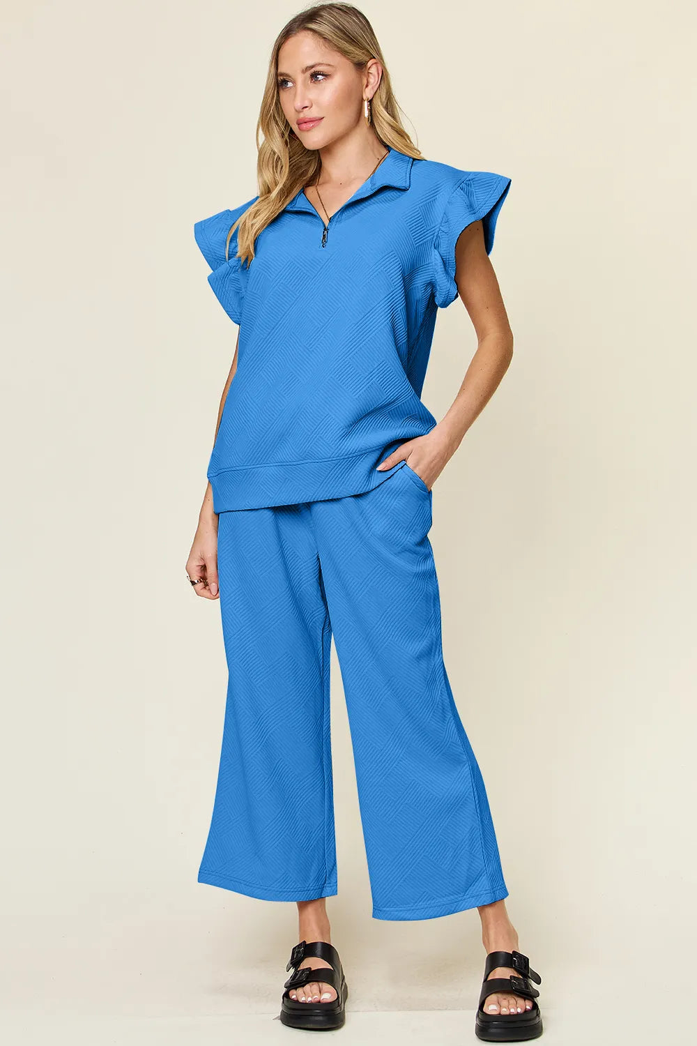 Ruffle Sleeve Top & Wide-Leg Pants Set – Chic, Comfy & Effortless