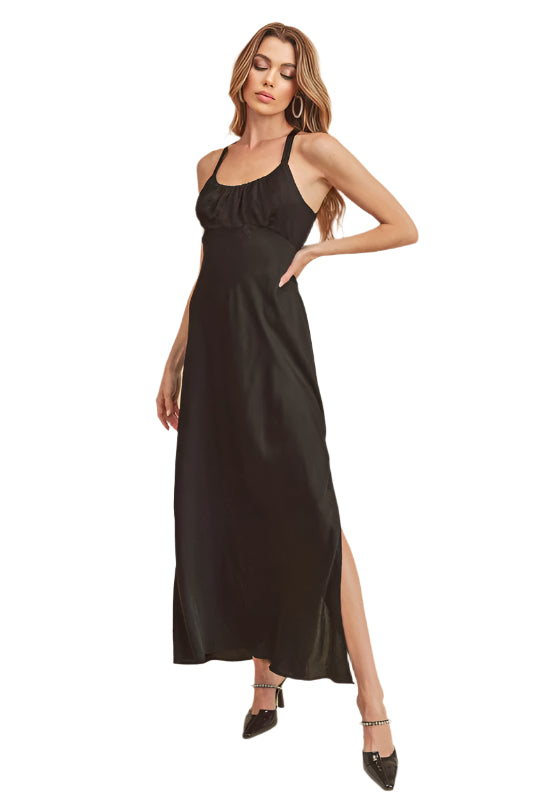 Aemi + Co Ruched Side Slit Cutout Back Maxi Cami Dress