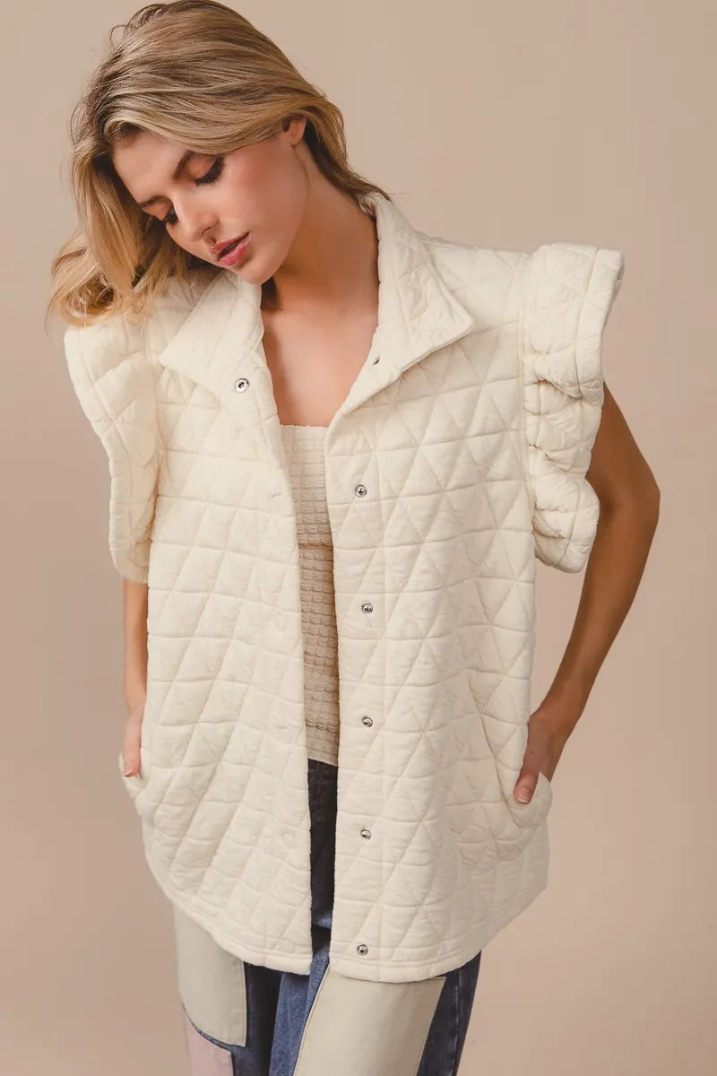 Cream Quilted Vest Coat – Diamond Pattern Button-Front Layering Piece
