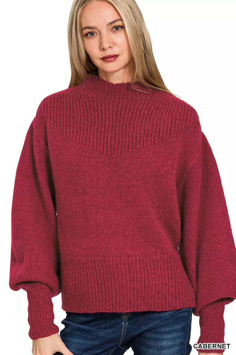 Zenana Balloon Sleeve Mock Neck Sweater – Chic Cozy Elegance