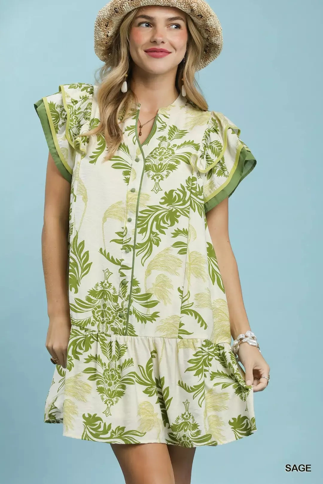 Sage toile print mini dress with button front, ruffle cap sleeves and tiered hem