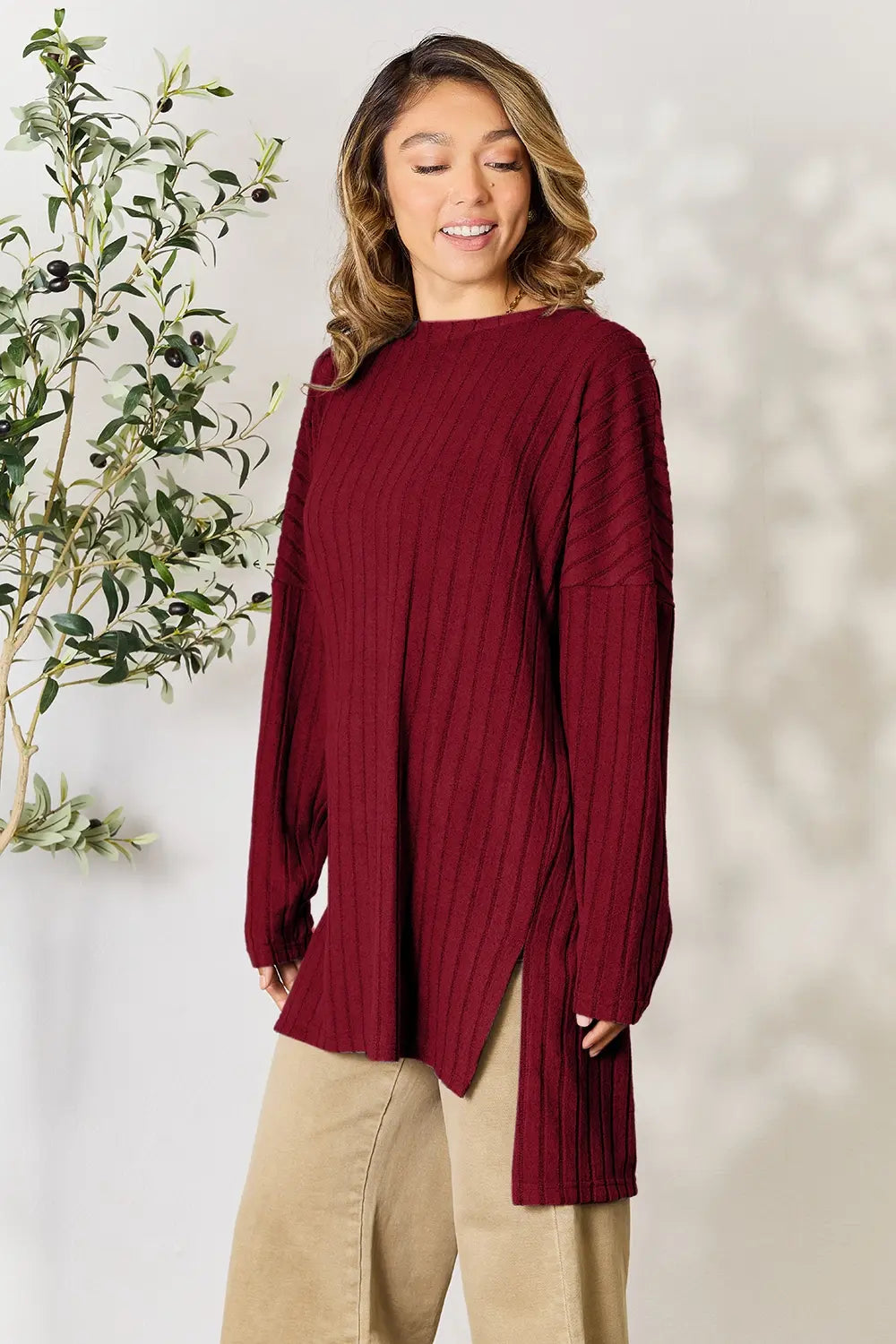 Ribbed Round Neck Slit Top – Chic, Comfy & Flattering