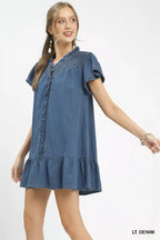 Washed denim ruffle dress with short cap sleeves and button front, tiered hem