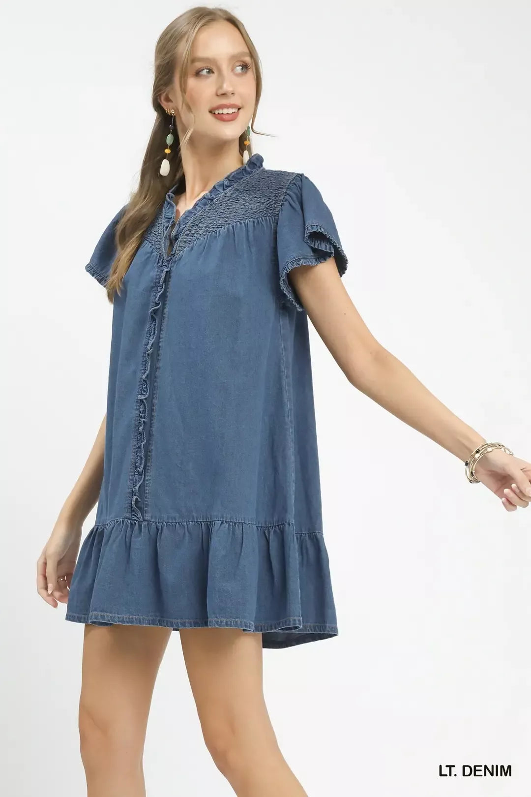 Washed denim ruffle dress with short cap sleeves and button front, tiered hem
