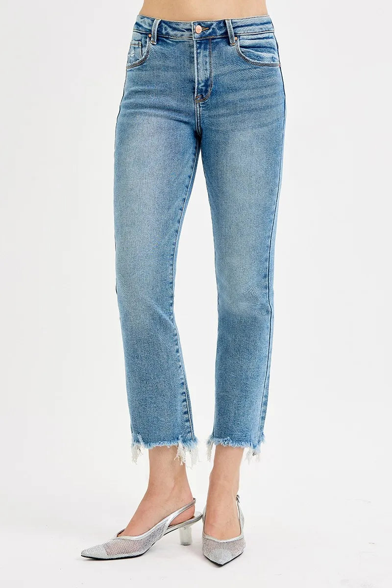 Cropped Straight Jeans – Mid Rise Light Vintage Wash with Raw Hem