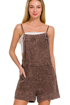 Brown Cotton Romper – Vintage Wash, Pockets & Adjustable Straps