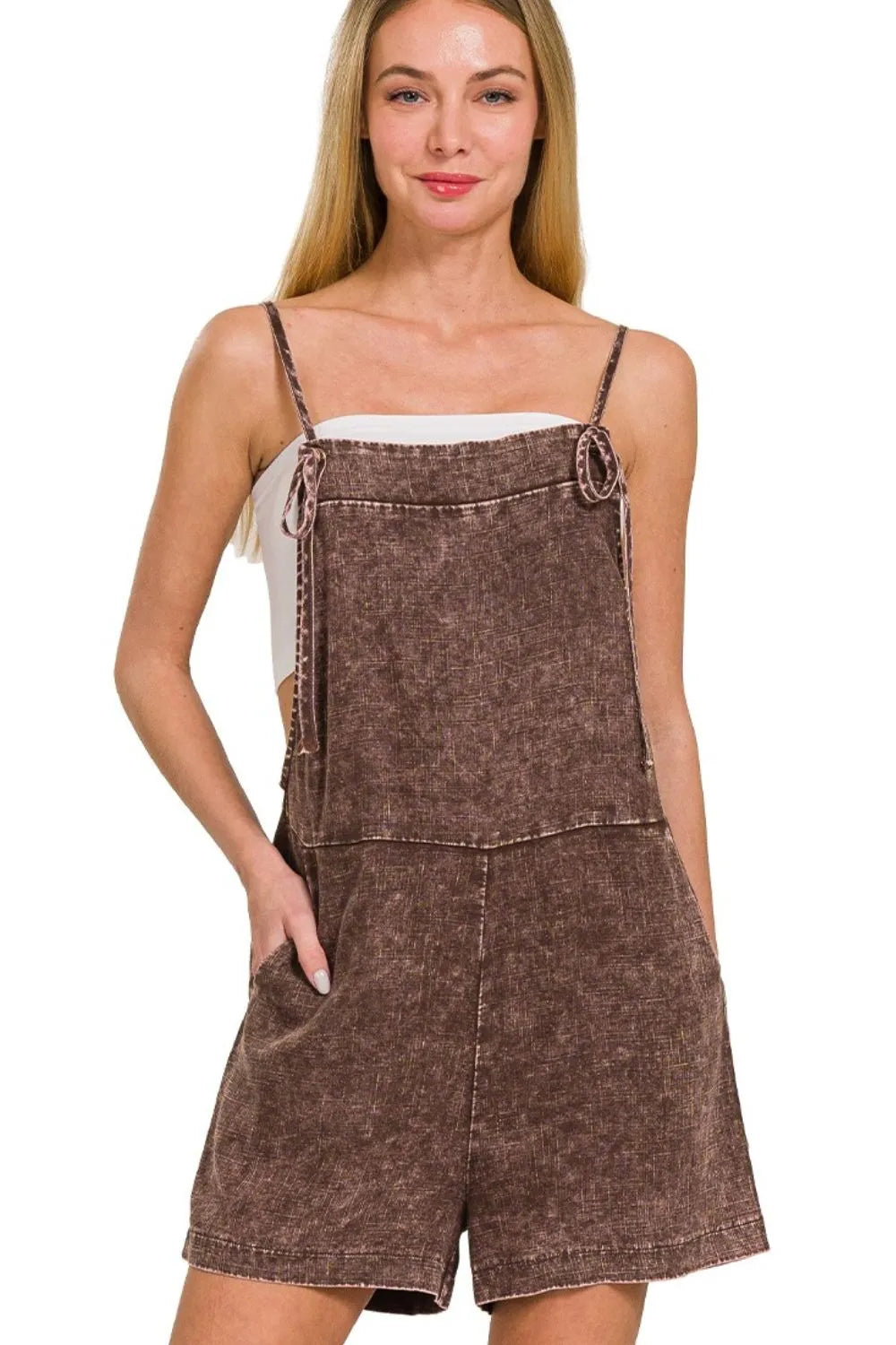 Brown Cotton Romper – Vintage Wash, Pockets & Adjustable Straps