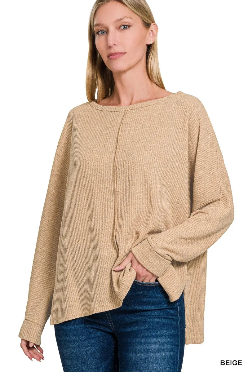Ribbed Hi-Low Dolman Sleeve Sweater – Center Seam & Relaxed Fit