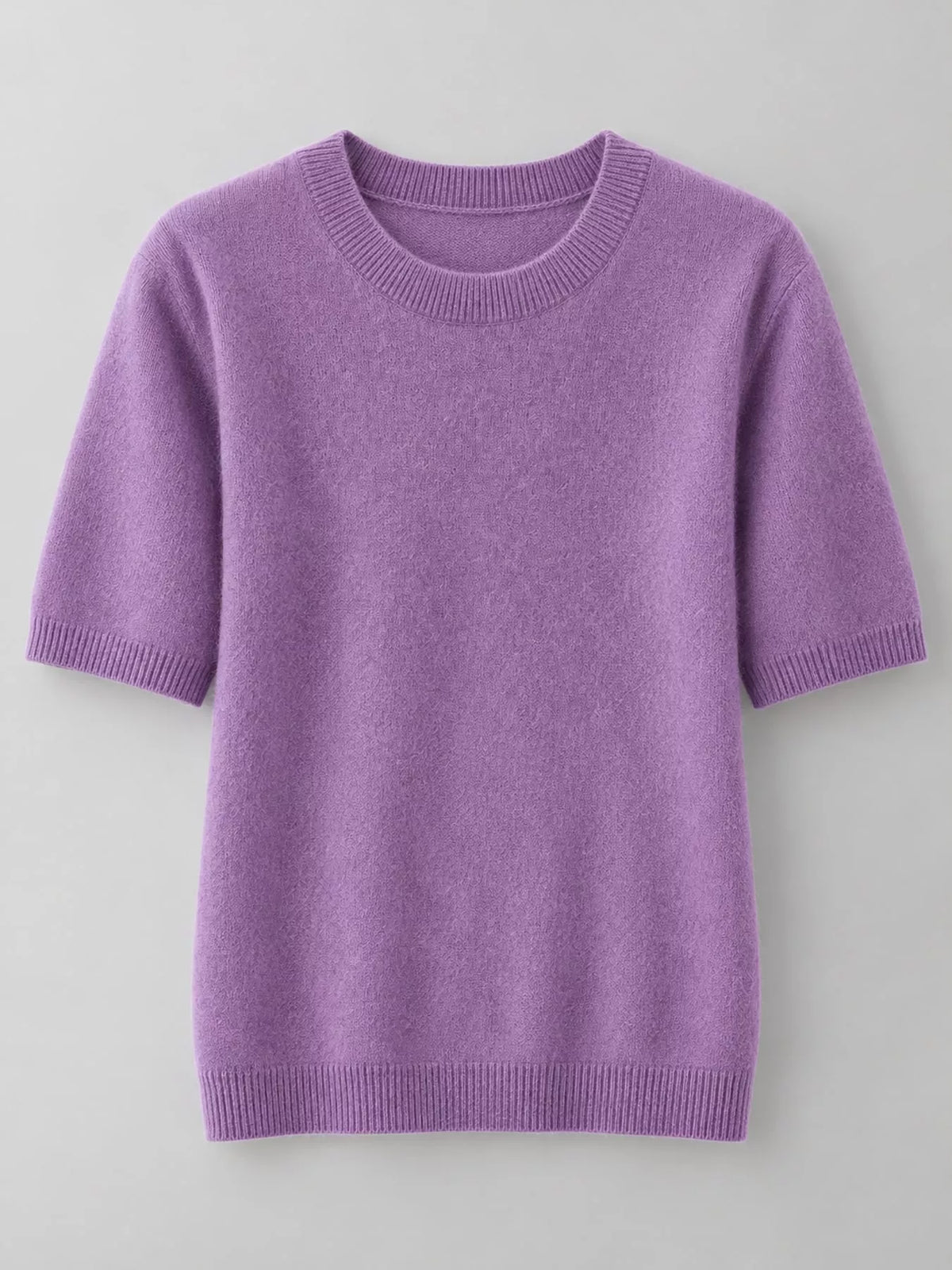 Lavender round-neck short-sleeve sweater with ribbed neckline, hem, and cuffs