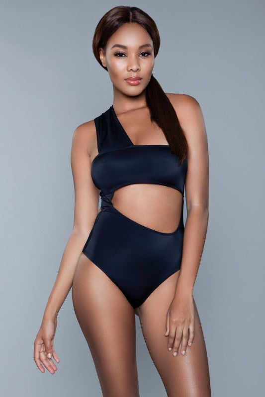 One-piece swimsuit with one-shoulder bandeau and waist cut-out, dark navy