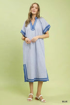 Blue pinstripe midi dress with V-neck and contrast trim, short flutter sleeves, straight hem