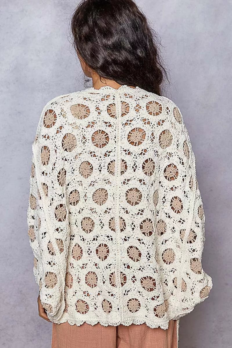 Chenille V-Neck Relaxed Fit Cardigan – Floral Batwing Design