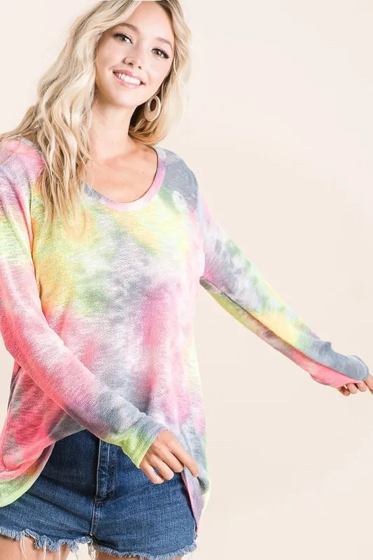 Tie-Dye Print Low Gauge Knit Top | Trendy Women’s Casual Lightweight Shirt