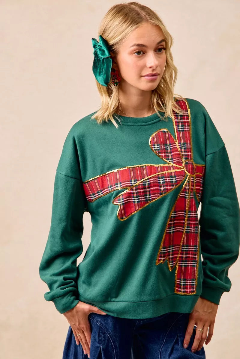 BiBi Plaid Ribbon Bow Christmas Fleece Pullover – Festive Cozy Holiday Top