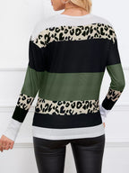 Leopard Color Block Striped Knit Top – Trendy Casual Style