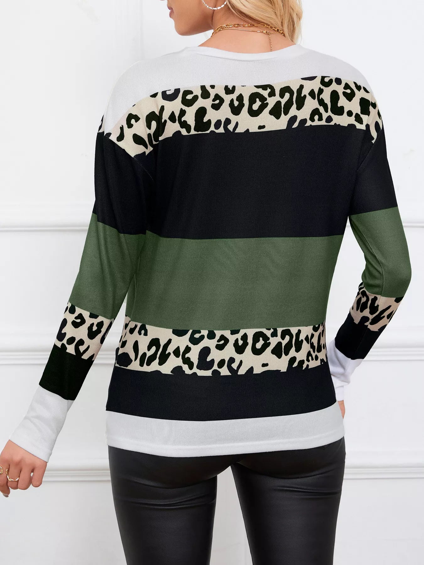 Leopard Color Block Striped Knit Top – Trendy Casual Style