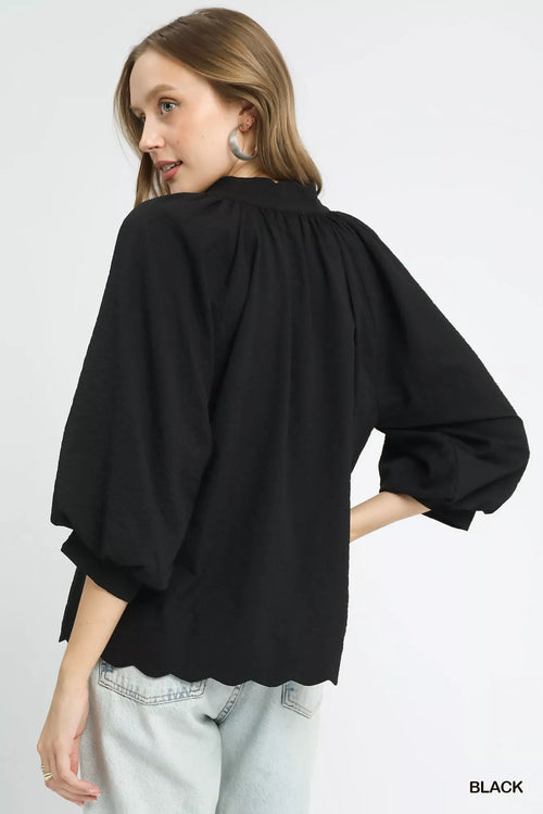 Umgee Textured Balloon Sleeve Blouse – Chic Notched Statement Top