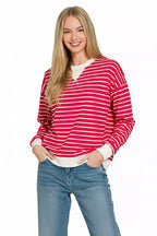 Women’s striped round-neck sweatshirt, ruby red and white bands, contrast hem and cuffs