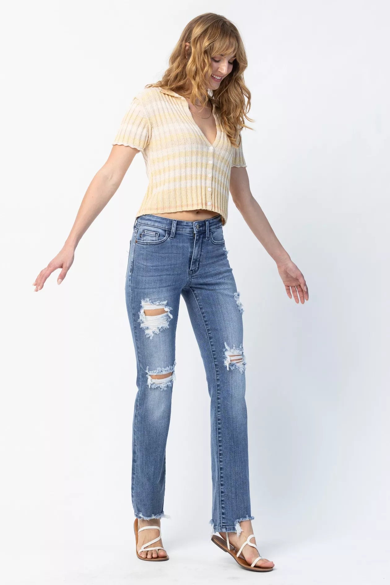 Judy Blue Mid Rise Destroy Straight Jeans – Trendy Distressed Style