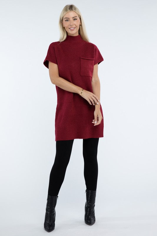 Zenana Mock Neck Short Sleeve Sweater Dress with Pocket