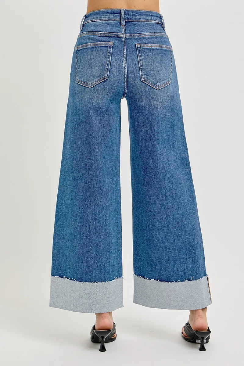 Tummy Control High Rise Crop Wide Cuffed Jeans | Slimming Trendy Fit