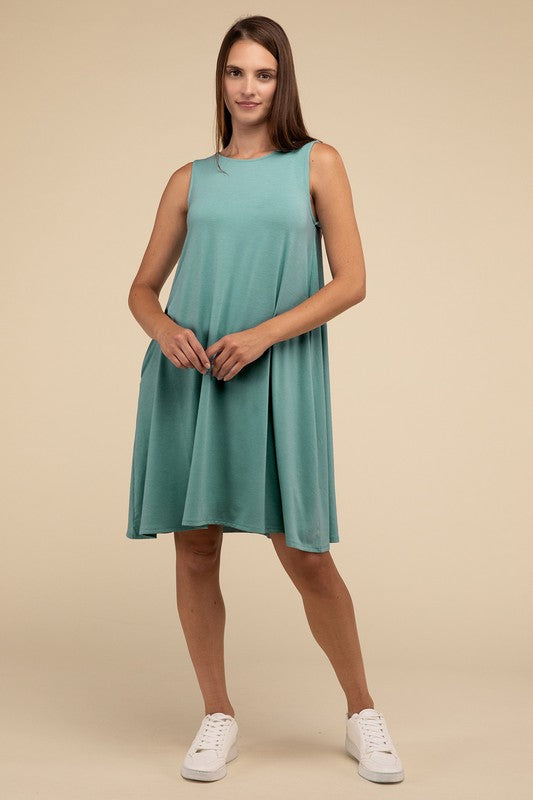 Zenana Sleeveless Flared Dress with Side Pockets