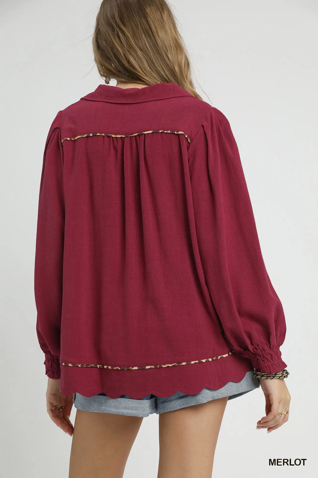 Linen Scallop Hem Blouse Contrast Trim Elegant Women’s Casual Plus Top