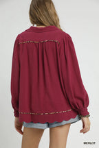 Linen Scallop Hem Blouse Contrast Trim Elegant Women’s Casual Plus Top