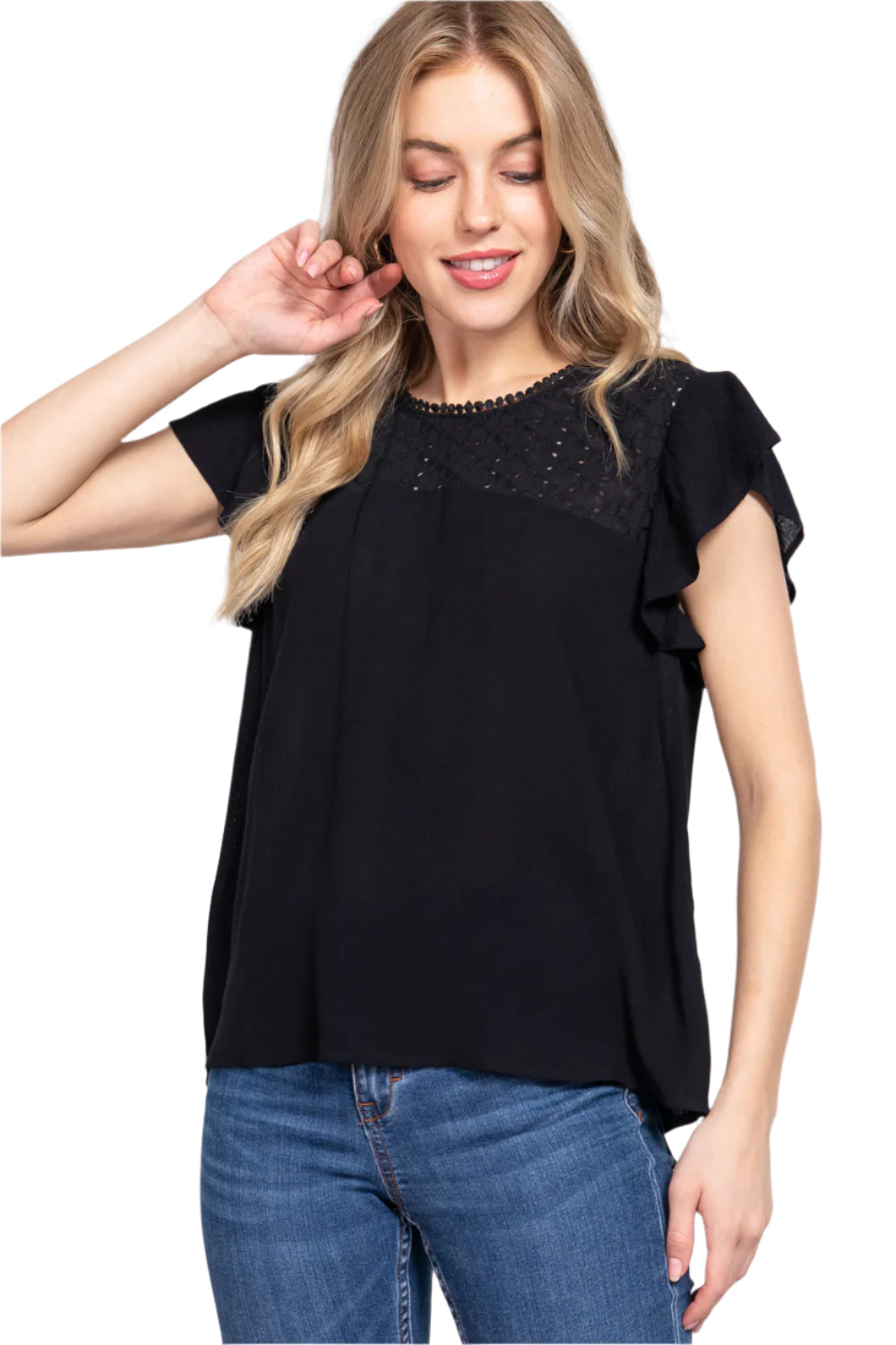 Active Basic Ruffle Short Sleeve Crochet Blouse
