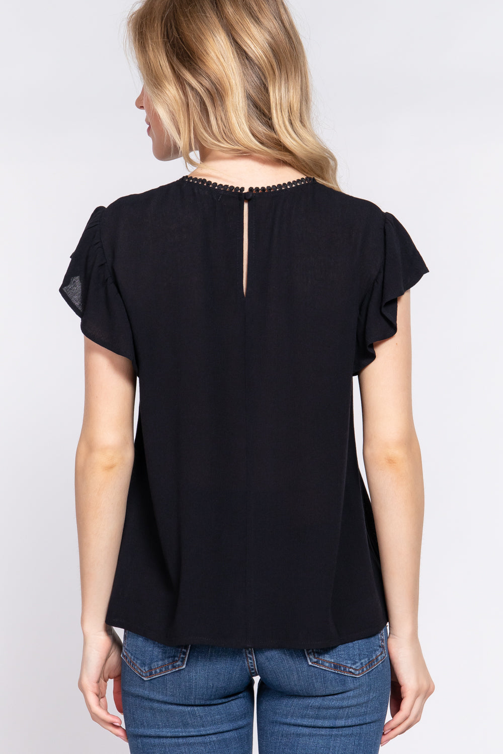 Active Basic Ruffle Short Sleeve Crochet Blouse