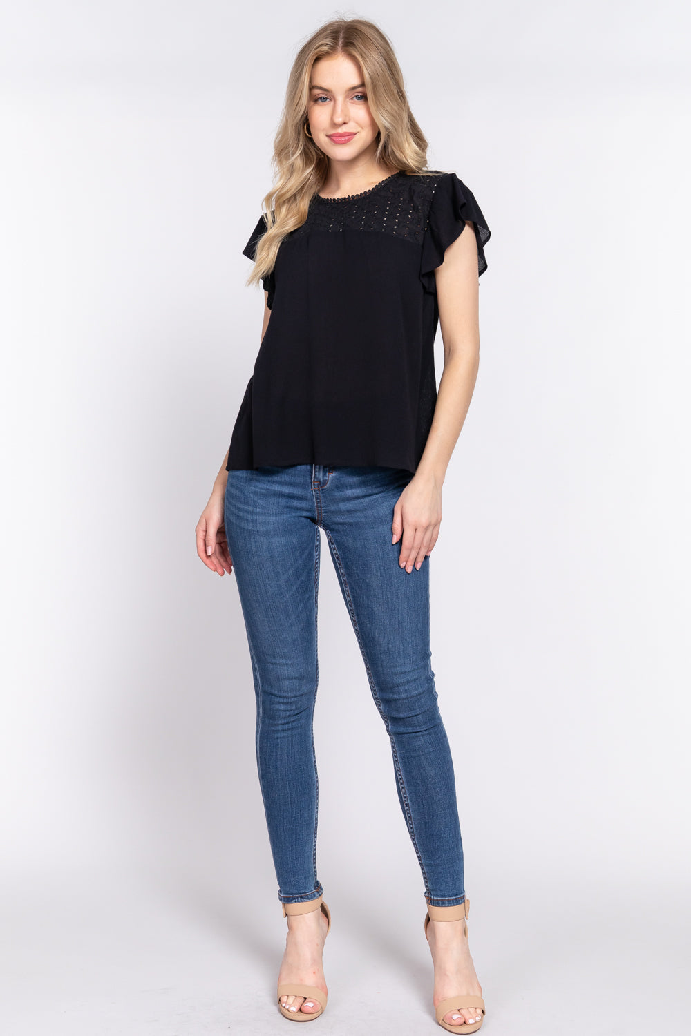 Active Basic Ruffle Short Sleeve Crochet Blouse