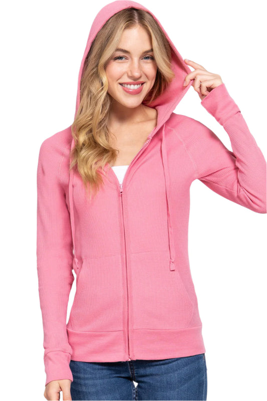 Active Basic Waffle Knit Drawstring Zip Up Long Sleeve Hoodie