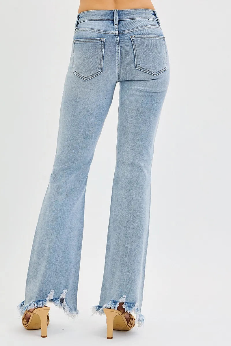 Mid Rise Flare Jeans with Tummy Control & Fray Hem | Trendy Fit