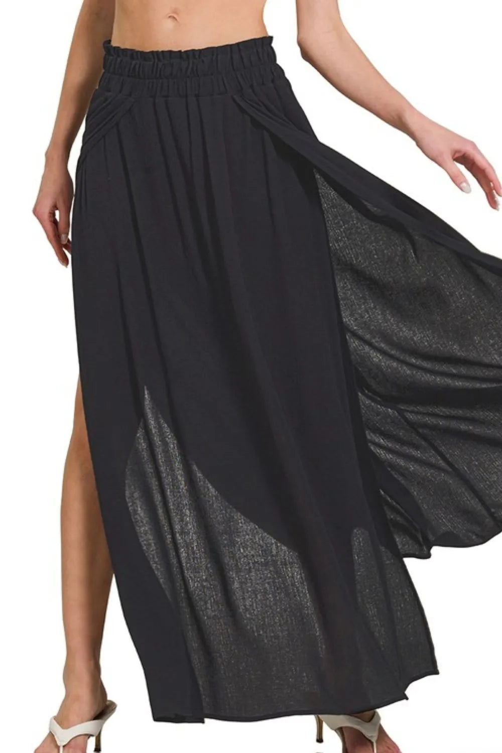 Black Maxi Skirt with Ruched Waist & Double Side Slits – Elegant & Flowing