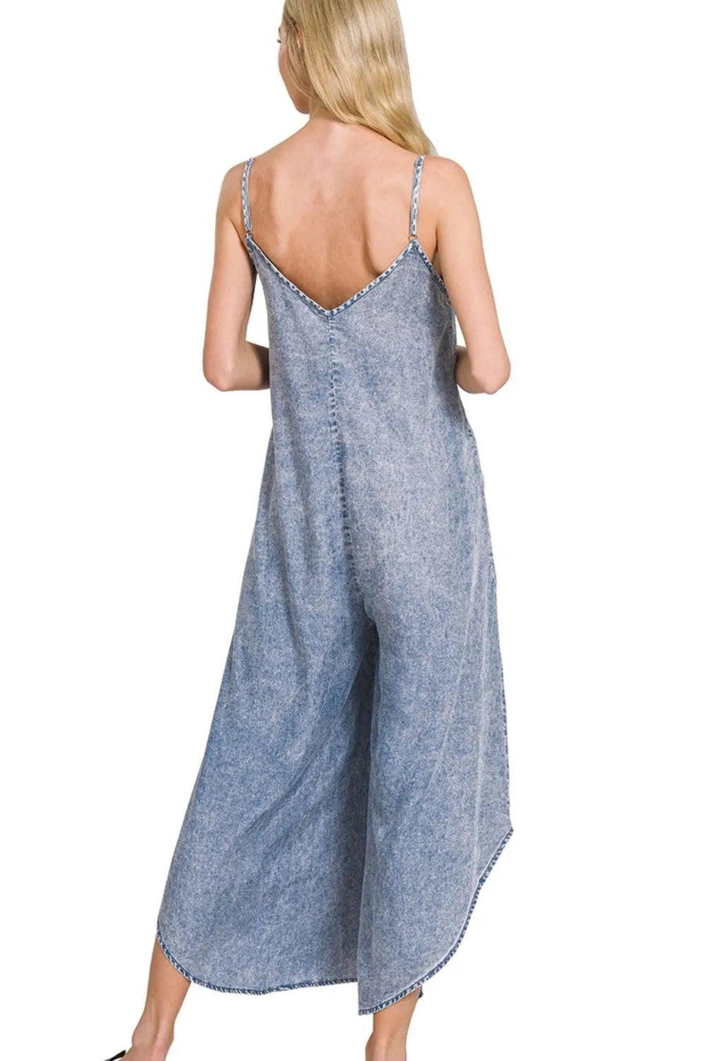 Acid Wash Chambray Jumpsuit with Wide Legs, V-Neck & Pockets