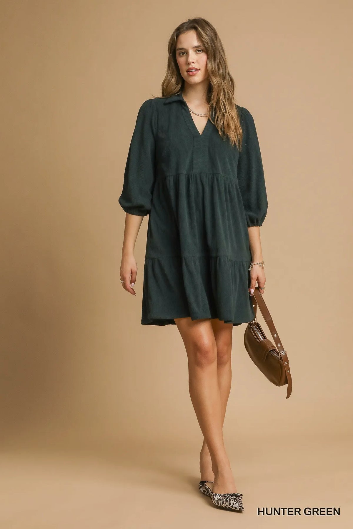 Hunter Green Tiered V-Neck Dress – Balloon Sleeve Flowy Short Dress