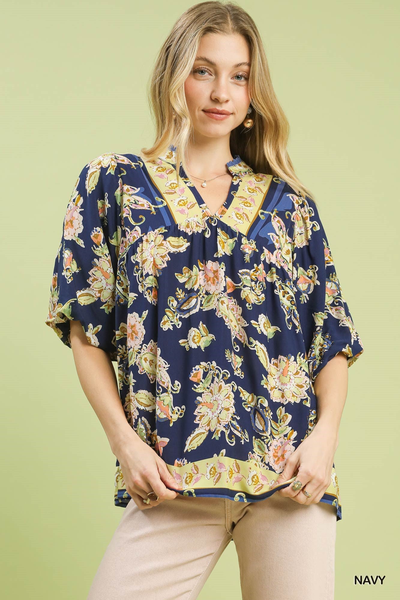 Navy floral boho rayon blouse with V-neck and short gathered sleeves