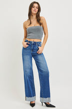 High-rise wide-leg jeans, medium blue wash, cropped cuffed frayed hem