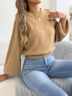 Khaki argyle knit lantern-sleeve sweater, crew neck with diamond pattern