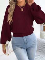 Wine red argyle lantern-sleeve sweater with diamond pattern and ribbed cuffs